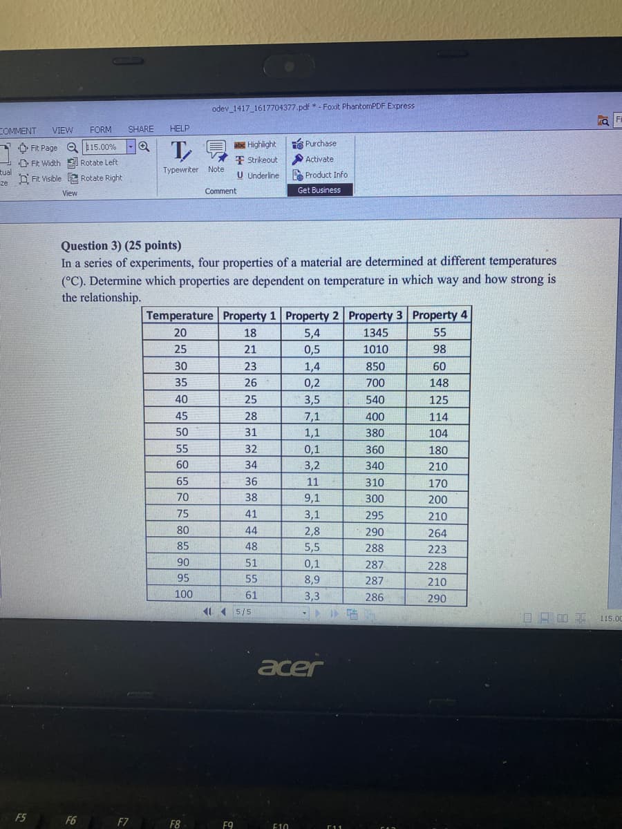 odev 1417 1617704377.pdf * - Foxit PhantomPDF Express
a Fi
COMMENT
VIEW
FORM
SHARE
HELP
A O Fit Page Q h15.00% -Q
abc Highlight
A Purchase
F Strikeout
Activate
D Fit Width Rotate Left
tual
O Fit Visible a Rotate Right
Typewriter
Note
U Underline
A Product Info
ze
View
Comment
Get Business
Question 3) (25 points)
In a series of experiments, four properties of a material are determined at different temperatures
(°C). Determine which properties are dependent on temperature in which way and how strong is
the relationship.
Temperature Property 1 Property 2 Property 3 Property 4
20
18
5,4
1345
55
25
21
0,5
1010
98
30
23
1,4
850
60
35
26
0,2
700
148
40
25
3,5
7,1
1,1
0,1
3,2
540
125
45
28
400
114
50
31
380
104
55
32
360
180
60
34
340
210
65
36
11
310
170
70
38
9,1
300
200
75
41
3,1
295
210
80
44
2,8
5,5
290
264
85
48
288
223
90
51
0,1
287
228
95
55
8,9
287
210
100
61
3,3
286
290
11 1 5/5
OA DO 11500
acer
F5
F6
F7
F8
F9
E10
