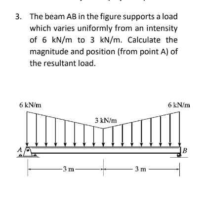 3. The beam AB in the figure supports a load
which varies uniformly from an intensity
of 6 kN/m to 3 kN/m. Calculate the
magnitude and position (from point A) of
the resultant load.
6 kN/m
3 kN/m
6 kN/m
3 m
3 m
B