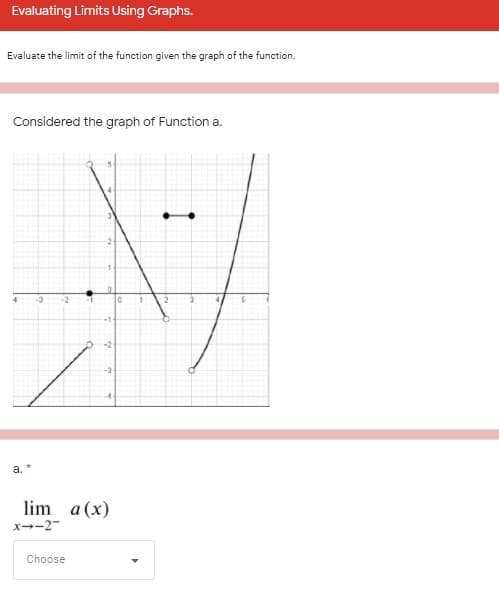 Evaluating Limits Using Graphs.
Evaluate the limit of the function given the graph of the function.
Considered the graph of Function a.
4
-2
-2
a.
lim a (x)
x--2-
Choose
