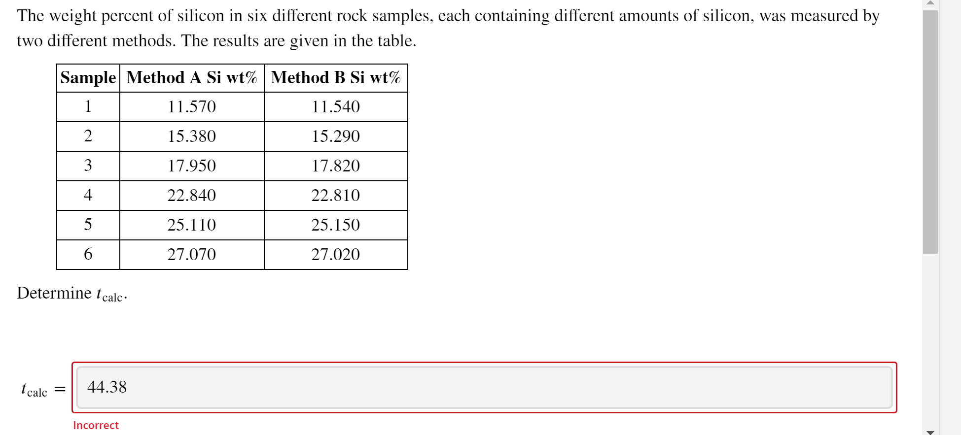 The weight percent of silicon in six different rock samples, each containing different amounts of silicon, was measured by
two different methods. The results are given in the table.
Sample Method A Si wt% | Method B Si wt%
1
11.570
11.540
2
15.380
15.290
3
17.950
17.820
4
22.840
22.810
25.110
25.150
6
27.070
27.020
Determine tcalc.
