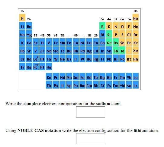 1A
8A
H 2A
3A 4A 5A 6A 7A He
BCNO FNe
Li Be
Na Mg 3B 4B 5B
6B 7B - 8B¬ 1B 28 Al si P S CI Ar
K Ca sc Ti v Cr Mn Fe Co Ni Cu Zn Ga Ge As Se Br Kr
Rb Sr v zr Nb Mo Te Ru Rh Pd Ag cd In Sn Sb Te i Xe
Cs Ba La Hf Ta w Re Os Ir Pt Au Hg TI Pb Bi Po At Rn
**
Fr Ra Ac Rf Ha
Ce Pr Nd Pm Sm Eu Gd Tb Dy Ho Er Tm Yb Lu
Th Pa U Np Pu Am Cm Bk Cf Es Fm Md No Lr
Write the complete electron configuration for the sodium atom.
Using NOBLE GAS notation write the electron configuration for the lithium atom.
