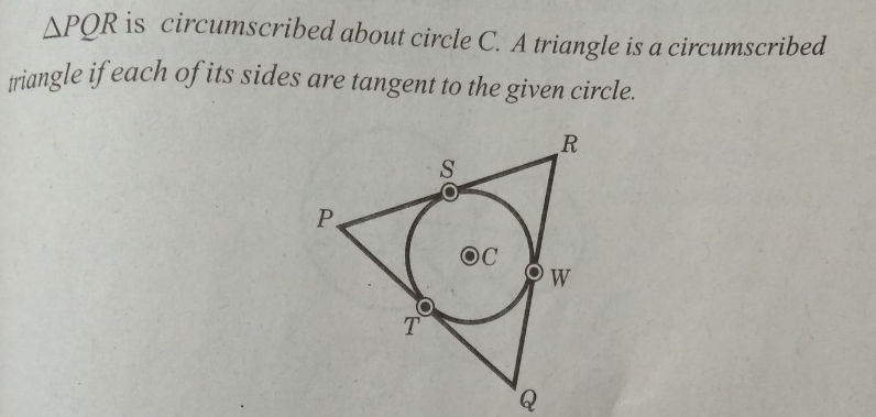 APOR is circumscribed about circle C. A triangle is a circumscribed
triangle if each of its sides are tangent to the given circle.
R
S
P.
OC
T.
Q.
