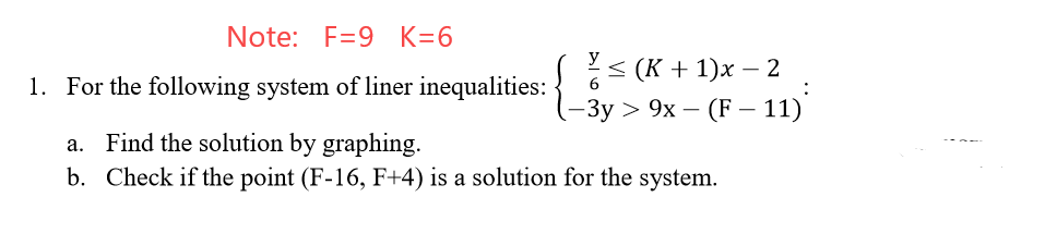 Note: F=9 K=6
y
< (К + 1)х — 2
— Зу > 9х — (F — 11)
1. For the following system of liner inequalities:
6
a. Find the solution by graphing.
b. Check if the point (F-16, F+4) is a solution for the system.
