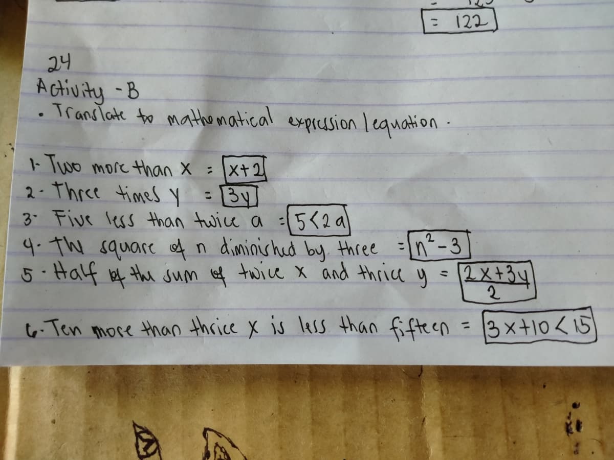 E 122
24
A ctivity -B
. Translate to mathematical expresion lequation
1- Two more than X =x+2
2-Three times y
3 Five less than twice a
4.the square f n diminished buy three
5.Half bf the sum Kef twice X and thrice y = 2x+34
: By
5く2a
Ein-3
ミ
6. Ten more than thrice X is less than fifteen
3x+10<15
ニ
