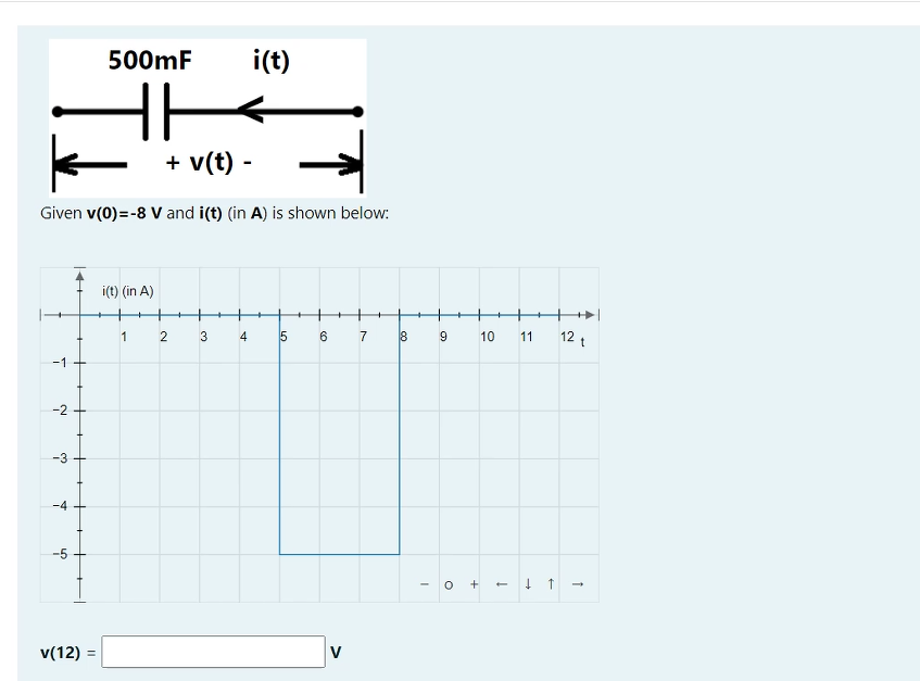 500mF
i(t)
+ v(t) -
Given v(0)=-8 V and i(t) (in A) is shown below:
i(t) (in A)
1
3.
4
6
7
9
10
11
12 t
-1
-2
-3
-4
-5
o +
- ! 1 -
v(12) =
V
5,
2.
