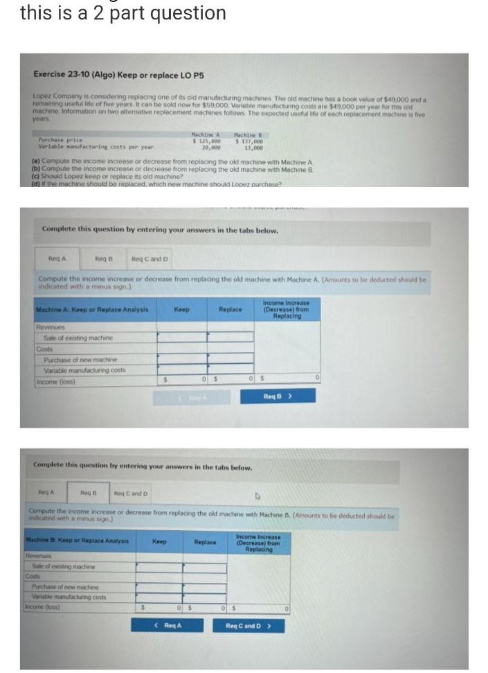 this is a 2 part question
Exercise 23-10 (Algo) Keep or replace LO P5
Lopez Company is considering replacing one of its old manufacturing machines. The old machine has a book value of $49,000 and a
remaining useful life of five years. It can be sold now for $59,000. Variable manufacturing costs are $49,000 per year for this old
machine Information on two alternative replacement machines follows The expected useful life of each replacement machine is five
years.
Purchase price
Variable manufacturing costs per year
(a) Compute the income increase or decrease from replacing the old machine with Machine A
(b) Compute the income increase or decrease from replacing the old machine with Machine B
(c) Should Lopez keep or replace its old machine?
(d) If the machine should be replaced, which new machine should Lopez purchase?
Req A
Complete this question by entering your answers in the tabs below.
Revenues
Machine A: Keep or Replace Analysis
Req B
Compute the income increase or decrease from replacing the old machine with Machine A. (Amounts to be deducted should be
indicated with a minus sign.)
Costs
Sale of existing machine
Purchase of new machine
Variable manufacturing costs
Income (loss)
Req A
Costs
Req B
Req C and D
Machine B. Keep or Replace Analysis
Revenues
Sale of existing machine
Req C and D
Purchase of new machine
Variable manufacturing costs
Income (loss)
Complete this question by entering your answers in the tabs below.
Machine A
$ 125,000
20,000
$
$
Keep
Keep
Machine B
$ 137,000
13,000
0 $
D
Compute the income increase or decrease from replacing the old machine with Machine B. (Amounts to be deducted should be
indicated with a minus sign.)
0$
<Reg A
Replace
Replace
Income Increase
(Decrease) from
Replacing
0$
OS
ReqB >
Income Increase
(Decrease) from
Replacing
0
Req C and D >