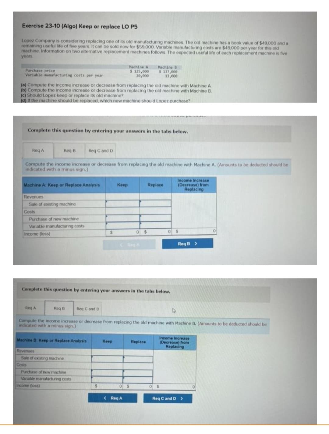 Exercise 23-10 (Algo) Keep or replace LO P5
Lopez Company is considering replacing one of its old manufacturing machines. The old machine has a book value of $49,000 and a
remaining useful life of five years. It can be sold now for $59,000. Variable manufacturing costs are $49,000 per year for this old
machine, Information on two alternative replacement machines follows. The expected useful life of each replacement machine is five
years.
Purchase price
Variable manufacturing costs per year
(a) Compute the income increase or decrease from replacing the old machine with Machine A
(b) Compute the income increase or decrease from replacing the old machine with Machine B.
(c) Should Lopez keep or replace its old machine?
(d) if the machine should be replaced, which new machine should Lopez purchase?
Req A
Complete this question by entering your answers in the tabs below.
Revenues
Machine A: Keep or Replace Analysis
Req B
Compute the income increase or decrease from replacing the old machine with Machine A. (Amounts to be deducted should be
indicated with a minus sign.)
Costs
Sale of existing machine
Purchase of new machine
Variable manufacturing costs
Income (loss)
Req A
Costs
Req C and D
Req B
Machine B: Keep or Replace Analysis
Revenues
Sale of existing machine
Purchase of new machine
Variable manufacturing costs
Income (loss)
Req C and D
S
Complete this question by entering your answers in the tabs below.
$
Machine A
$ 125,000
20,000
Keep
(
Keep
D
Compute the income increase or decrease from replacing the old machine with Machine B. (Amounts to be deducted should be
indicated with a minus sign.)
Machine B
$ 137,000
13,000
0 $
0 $
< Req A
Replace
Replace
0
0 $
Income Increase
(Decrease) from
Replacing
Req B >
Income Increase
(Decrease) from
Replacing
Req C and D >
0
0