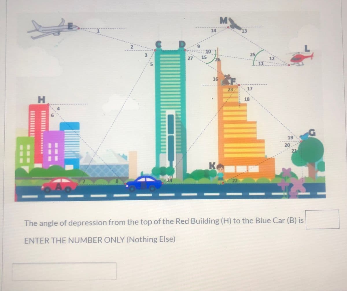 M
14
13
6.
10
27 15
2
3
25
26
12
16
23
17
18
6.
19
20
21
K
8.
22
The angle of depression from the top of the Red Building (H) to the Blue Car (B) is
ENTER THE NUMBER ONLY (Nothing Else)
