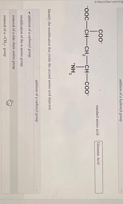 Macmillan Learning
COO™
addition of a hydroxyl group
-OOC-CH-CH₂-CH-COO
1
*NH₂
✓addition of a carboxyl group
modification of the a-amino group
removal of a side chain amino group
removal of a -CH group
standard amino acid:
Identify the modification that yields the second amino acid depicted.
addition of a carboxyl group
Glutamic Acid