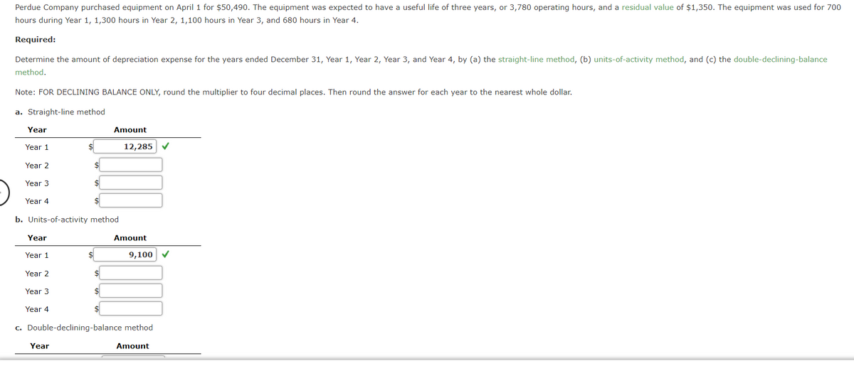 Perdue Company purchased equipment on April 1 for $50,490. The equipment was expected to have a useful life of three years, or 3,780 operating hours, and a residual value of $1,350. The equipment was used for 700
hours during Year 1, 1,300 hours in Year 2, 1,100 hours in Year 3, and 680 hours in Year 4.
Required:
Determine the amount of depreciation expense for the years ended December 31, Year 1, Year 2, Year 3, and Year 4, by (a) the straight-line method, (b) units-of-activity method, and (c) the double-declining-balance
method.
Note: FOR DECLINING BALANCE ONLY, round the multiplier to four decimal places. Then round the answer for each year to the nearest whole dollar.
a. Straight-line method
Year
Amount
Year 1
12,285 V
Year 2
Year 3
Year 4
b. Units-of-activity method
Year
Amount
Year 1
9,100
Year 2
Year 3
$
Year 4
c. Double-declining-balance method
Year
Amount
