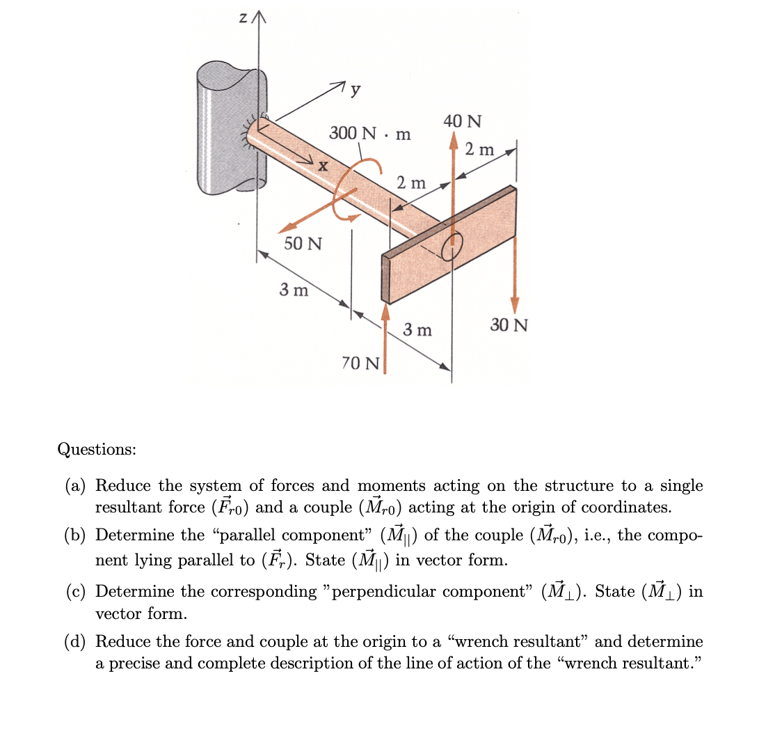 Z
50 N
3 m
y
300 Nm
70 N
2 m
3 m
40 N
2 m
30 N
Questions:
(a) Reduce the system of forces and moments acting on the structure to a single
resultant force (Fro) and a couple (Mro) acting at the origin of coordinates.
(b) Determine the "parallel component” (M₁₁) of the couple (Mro), i.e., the compo-
nent lying parallel to (F). State (M₁₁) in vector form.
(c) Determine the corresponding "perpendicular component” (M₁). State (M₁) in
vector form.
(d) Reduce the force and couple at the origin to a "wrench resultant" and determine
a precise and complete description of the line of action of the "wrench resultant."