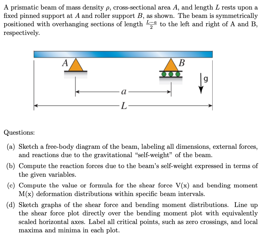 A prismatic beam of mass density p, cross-sectional area A, and length L rests upon a
fixed pinned support at A and roller support B, as shown. The beam is symmetrically
positioned with overhanging sections of length a to the left and right of A and B,
respectively.
L-a
2
A
a-
-L-
B
g
Questions:
(a) Sketch a free-body diagram of the beam, labeling all dimensions, external forces,
and reactions due to the gravitational "self-weight" of the beam.
(b) Compute the reaction forces due to the beam's self-weight expressed in terms of
the given variables.
(c) Compute the value or formula for the shear force V(x) and bending moment
M(x) deformation distributions within specific beam intervals.
(d) Sketch graphs of the shear force and bending moment distributions. Line up
the shear force plot directly over the bending moment plot with equivalently
scaled horizontal axes. Label all critical points, such as zero crossings, and local
maxima and minima in each plot.