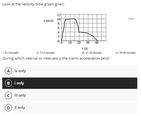 Look at the velocity-time graph given.
12
10
...
v (m/s)
4
2
TO 20 30
t (s)
i.0.5 seconds
i. 5-15 seconds
iv. 20-40 seconds
ii. 15-20 seconds
During which interval or intervals is the train's acceleration zero?
(A) iv only
B i only
ii only
D ii only
