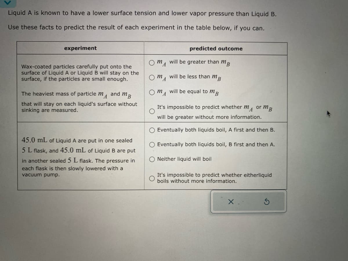 Liquid A is known to have a lower surface tension and lower vapor pressure than Liquid B.
Use these facts to predict the result of each experiment in the table below, if you can.
experiment
Wax-coated particles carefully put onto the
surface of Liquid A or Liquid B will stay on the
surface, if the particles are small enough.
The heaviest mass of particle m and
A mB
that will stay on each liquid's surface without
sinking are measured.
45.0 mL of Liquid A are put in one sealed
5 L flask, and 45.0 mL of Liquid B are put
in another sealed 5 L flask. The pressure in
each flask is then slowly lowered with a
vacuum pump.
predicted outcome
m will be greater than mB
OmA will be less than mB
OmA will be equal to mB
It's impossible to predict whether m₁ or MB
will be greater without more information.
O Eventually both liquids boil, A first and then B.
Eventually both liquids boil, B first and then A.
ONeither liquid will boil
It's impossible to predict whether eitherliquid
boils without more information.
X