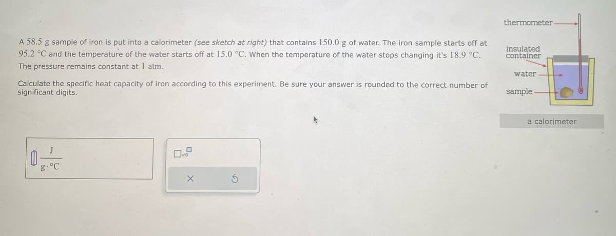 A 58.5 g sample of iron is put into a calorimeter (see sketch at right) that contains 150.0 g of water. The iron sample starts off at
95.2 °C and the temperature of the water starts off at 15.0 °C. When the temperature of the water stops changing it's 18.9 °C.
The pressure remains constant at 1 atm.
Calculate the specific heat capacity of iron according to this experiment. Be sure your answer is rounded to the correct number of
significant digits.
J
g. °C
0-
X
S
thermometer
insulated
container
water
sample.
a calorimeter