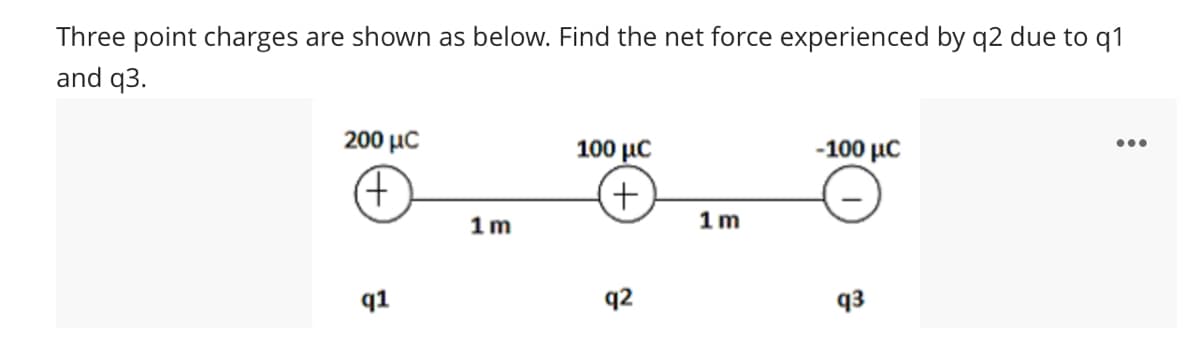 Three point charges are shown as below. Find the net force experienced by q2 due to q1
and q3.
200 μC
(
91
1m
100 με
+
q2
1m
-100 με
93