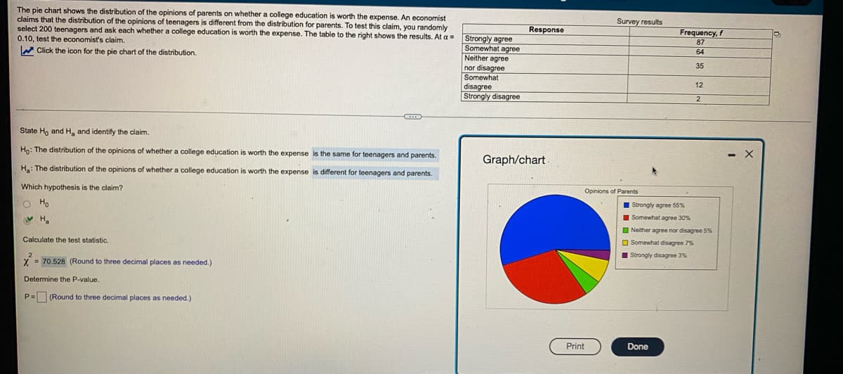 The pie chart shows the distribution of the opinions of parents on whether a college education is worth the expense. An economist
claims that the distribution of the opinions of teenagers is different from the distribution for parents. To test this claim, you randomly
select 200 teenagers and ask each whether a college education is worth the expense. The table to the right shows the results. At a =
0.10, test the economist's claim.
Survey results
Response
Frequency, f
Strongly agree
Somewhat agree
Neither agree
nor disagree
Somewhat
disagree
Strongly disagree
87
W Click the icon for the pie chart of the distribution.
64
35
12
State Ho and H, and identify the claim.
Ho: The distribution of the opinions of whether a college education is worth the expense is the same for teenagers and parents.
Graph/chart
H: The distribution of the opinions of whether a college education is worth the expense is different for teenagers and parents.
Which hypothesis is the claim?
Opinions of Parents
O Ho
I Strongly agree 55%
I Somewhat agree 30%
I Neither agree nor disagree 5%
Calculate the test statistic.
O Somewhat disagree 7%
I Strongly disagree 3%
X = 70.528 (Round to three decimal places as needed.)
Determine the P-value.
P= (Round to three decimal places as needed.)
Print
Done
