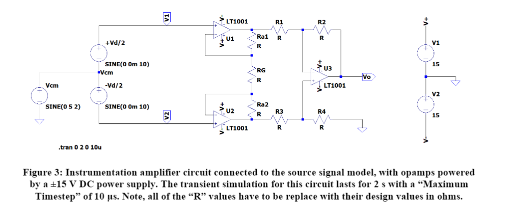 LT1001
R1
R2
Tu1
Ra1
R
R
+Vd/2
V1
R
SINE(O Om 10)
15
RG
U3
Vcm
Vo
Vcm
-Vd/2
S LT1001
v2
Ra2
SINE(O Om 10)
U2
SINE(O 5 2)
R
R3
R4
15
LT1001
.tran 0 20 10u
Figure 3: Instrumentation amplifier circuit connected to the source signal model, with opamps powered
by a +15 V DC power supply. The transient simulation for this circuit lasts for 2 s with a “Maximum
Timestep" of 10 µs. Note, all of the “R" values have to be replace with their design values in ohms.
TA
