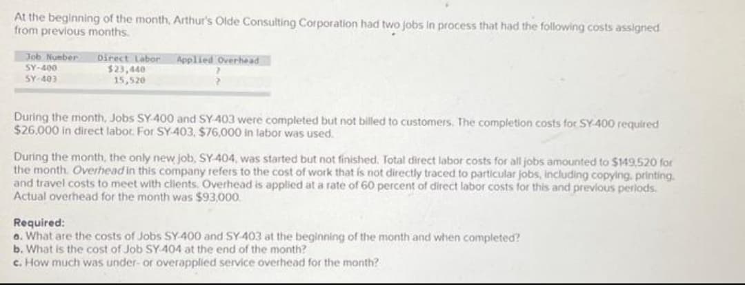 At the beginning of the month, Arthur's Olde Consulting Corporation had two jobs in process that had the following costs assigned
from previous months.
Job Number
SY-400
SY-403
Direct Labor Applied Overhead
$23,440
15,520
?
During the month, Jobs SY-400 and SY-403 were completed but not billed to customers. The completion costs for SY-400 required
$26.000 in direct labor. For SY-403, $76,000 in labor was used.
During the month, the only new job, SY 404, was started but not finished. Total direct labor costs for all jobs amounted to $149,520 for
the month. Overhead in this company refers to the cost of work that is not directly traced to particular jobs, including copying, printing.
and travel costs to meet with clients. Overhead is applied at a rate of 60 percent of direct labor costs for this and previous periods.
Actual overhead for the month was $93,000.
Required:
6. What are the costs of Jobs SY-400 and SY-403 at the beginning of the month and when completed?
b. What is the cost of Job SY-404 at the end of the month?
c. How much was under- or overapplied service overhead for the month?