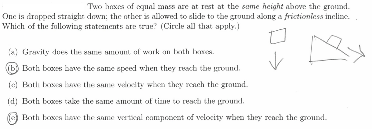 Two boxes of equal mass are at rest at the same height above the ground.
One is dropped straight down; the other is allowed to slide to the ground along a frictionless incline.
Which of the following statements are true? (Circle all that apply.)
(a) Gravity does the same amount of work on both boxes.
(b) Both boxes have the same speed when they reach the ground.
(c) Both boxes have the same velocity when they reach the ground.
(d) Both boxes take the same amount of time to reach the ground.
(e) Both boxes have the same vertical component of velocity when they reach the ground.
