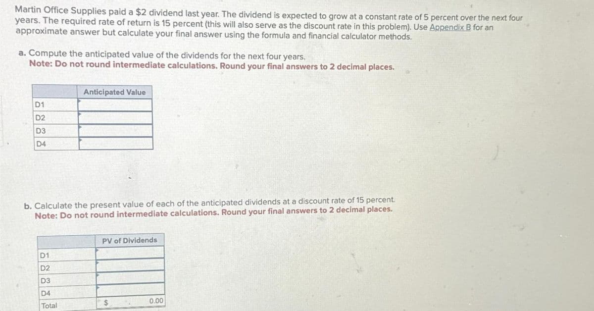 Martin Office Supplies paid a $2 dividend last year. The dividend is expected to grow at a constant rate of 5 percent over the next four
years. The required rate of return is 15 percent (this will also serve as the discount rate in this problem). Use Appendix B for an
approximate answer but calculate your final answer using the formula and financial calculator methods.
a. Compute the anticipated value of the dividends for the next four years.
Note: Do not round intermediate calculations. Round your final answers to 2 decimal places.
D1
D2
D3
D4
Anticipated Value
b. Calculate the present value of each of the anticipated dividends at a discount rate of 15 percent.
Note: Do not round intermediate calculations. Round your final answers to 2 decimal places.
D1
D2
D3
D4
Total
PV of Dividends
$
0.00