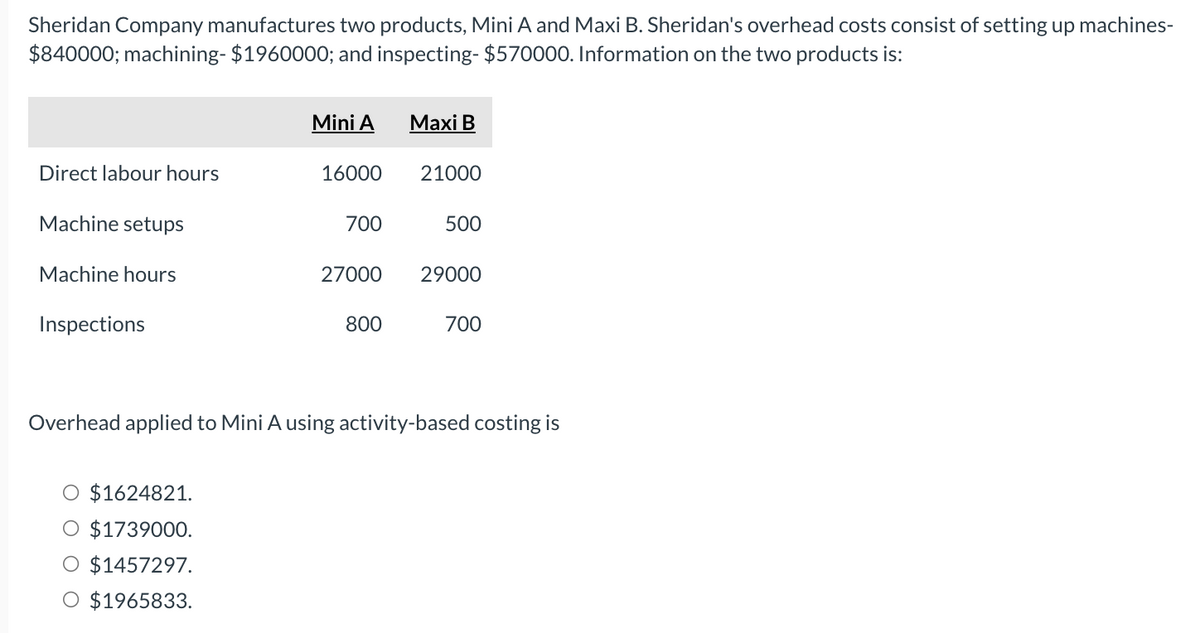 Sheridan Company manufactures two products, Mini A and Maxi B. Sheridan's overhead costs consist of setting up machines-
$840000; machining- $1960000; and inspecting- $570000. Information on the two products is:
Mini A
Maxi B
Direct labour hours
16000
21000
Machine setups
700
500
Machine hours
27000
29000
Inspections
800
700
Overhead applied to Mini A using activity-based costing is
○ $1624821.
○ $1739000.
$1457297.
○ $1965833.