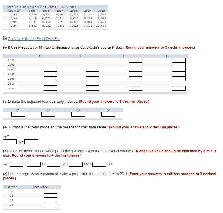 Coca-Cola Revenues ($ millions), 20e5-2010
Quarter
Qtri
Qtr2
2005
2006
2007
2008
2009
2010
5,206
6, 310
6,037
5,551
5,226
6,476
6,454
5,932
6,103
7,733
7,690
7,331
7,379
9,046
8, 393
7,126
7,169
8,267
8,044
7,525
8,674
Qtr3
8,426
Qtr4
7,510
10,494
Click here for the Excel Data File
(a-1) Use MegaStat or Minitab to deseasonalize Coca-Cola's quarterly data. (Round your answers to 3 decimal places.)
2.
2005
2006
2007
2008
2009
2010
mean
(a-2) State the adjusted four quarterly Indexes. (Round your answers to 3 decimal places.)
Q1
Q2
Q3
Q4
(a-3) What is the trend model for the deseasonalized time serles? (Round your answers to 2 decimel pleces.)
(b) State the model found when performing a regression using seasonal binaries. (A negative value should be Indicated by a minus
sign. Round your answers to 4 decimal places.)
Q2 +
Q3
(c) Use the regression equation to make a prediction for each quarter in 2011. (Enter your answers in mllons rounded to 3 decimal
places.)
Quarter
Predicted
Q1
Q2
Q3
Q4
