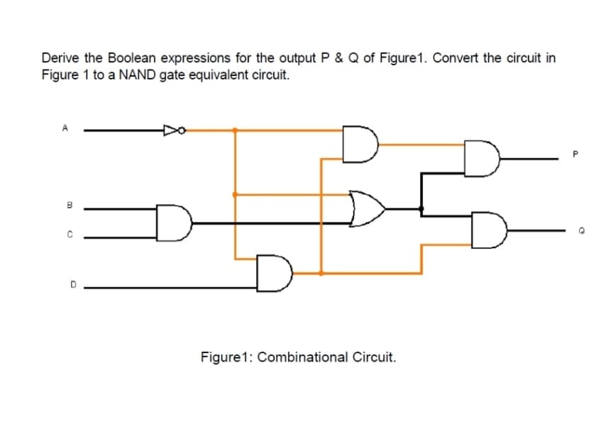 Derive the Boolean expressions for the output P & Q of Figure1. Convert the circuit in
Figure 1 to a NAND gate equivalent circuit.
B
Figure1: Combinational Circuit.
