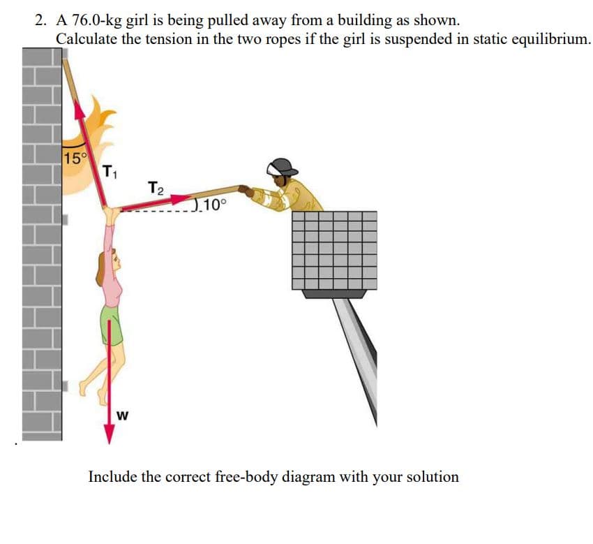 2. A 76.0-kg girl is being pulled away from a building as shown.
Calculate the tension in the two ropes if the girl is suspended in static equilibrium.
15
T1
T2
J.10°
Include the correct free-body diagram with your solution
