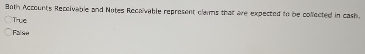 Both Accounts Receivable and Notes Receivable represent claims that are expected to be collected in cash.
True
False
