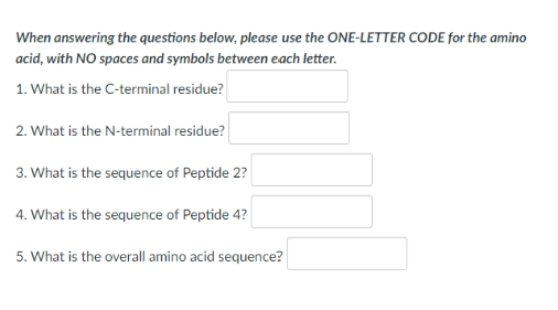 When answering the questions below, please use the ONE-LETTER CODE for the amino
acid, with NO spaces and symbols between each letter.
1. What is the C-terminal residue?
2. What is the N-terminal residue?
3. What is the sequence of Peptide 2?
4. What is the sequence of Peptide 4?
5. What is the overall amino acid sequence?
