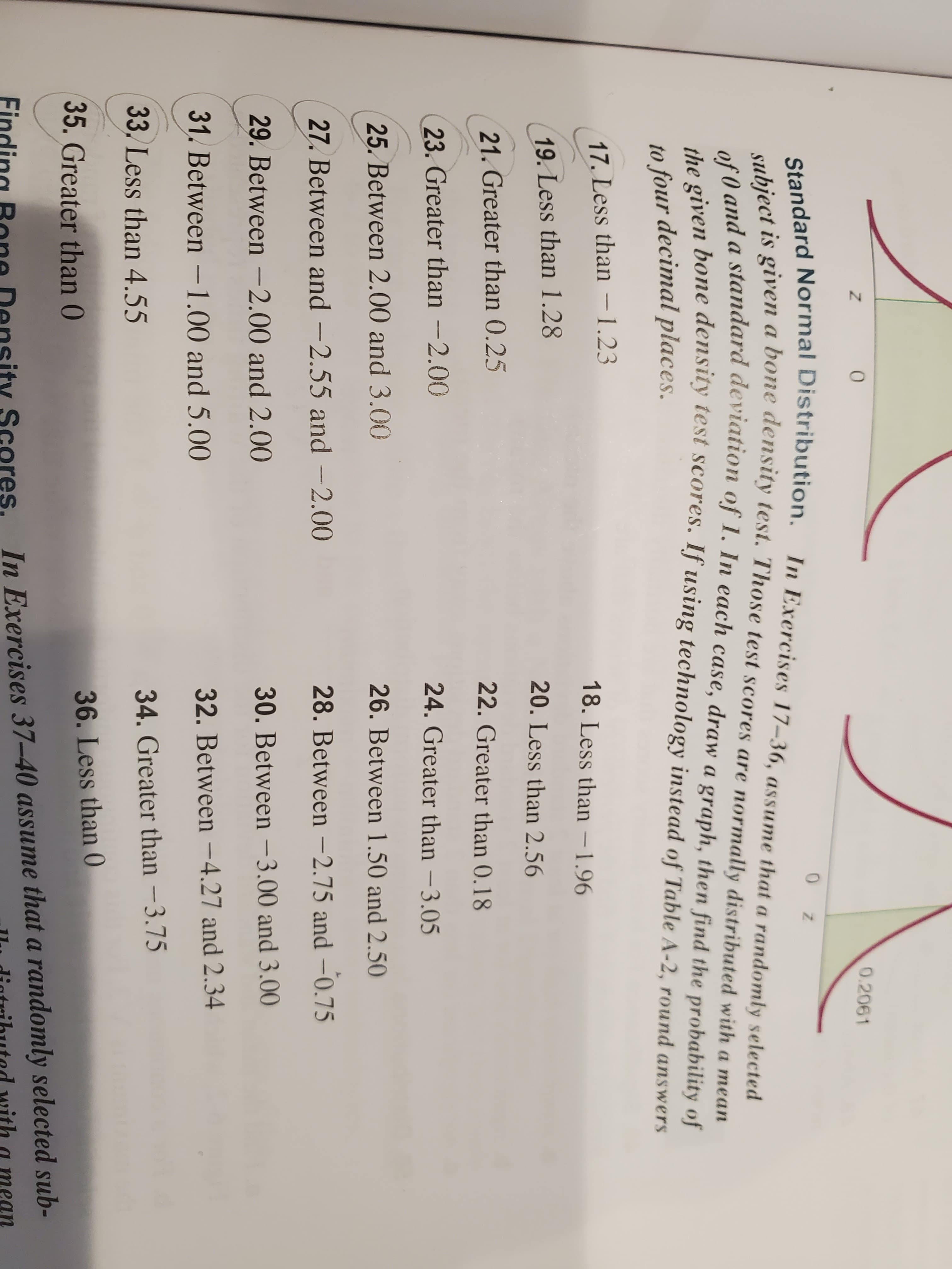 0.2061
Standard Normal Distribution. In Exercises 17-36, assume that a randomly selected
iect is given a bone density test. Those test scores are normally distributed with a mean
of 0 and a standard deviation of 1. In each case, draw a graph, then find the probability of
niven bone density test scores. If using technology instead of Table A-2, round answers
to four decimal places.
17. Less than –1.23
18. Less than –1.96
19. Less than 1.28
20. Less than 2.56
21. Greater than 0.25
22. Greater than 0.18
23. Greater than –2.00
24. Greater than -3.05
25. Between 2.00 and 3.00
26. Between 1.50 and 2.50
27. Between and -2.55 and -2.00
28. Between -2.75 and –0.75
29. Between -2.00 and 2.00
30. Between –3.00 and 3.00
31. Between -1.00 and 5.00
32. Between -4.27 and 2.34
33. Less than 4.55
34. Greater than –3.75
35. Greater than 0
36. Less than 0
Scores
In Exercises 37-40 assume that a randomly selected sub-

