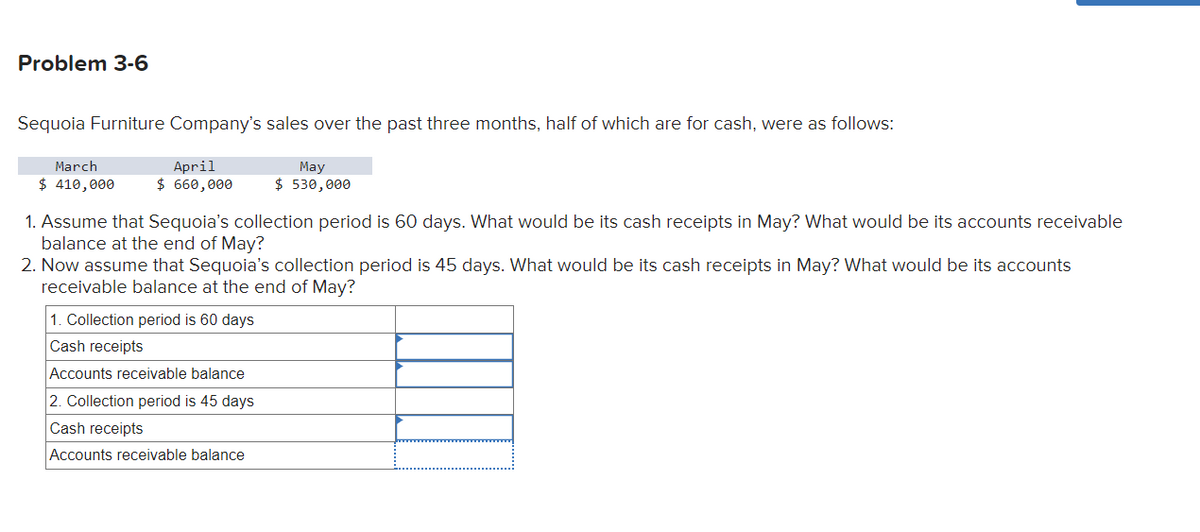 Problem 3-6
Sequoia Furniture Company's sales over the past three months, half of which are for cash, were as follows:
May
$530,000
March
$ 410,000
April
$ 660,000
1. Assume that Sequoia's collection period is 60 days. What would be its cash receipts in May? What would be its accounts receivable
balance at the end of May?
2. Now assume that Sequoia's collection period is 45 days. What would be its cash receipts in May? What would be its accounts
receivable balance at the end of May?
1. Collection period is 60 days
Cash receipts
Accounts receivable balance
2. Collection period is 45 days
Cash receipts
Accounts receivable balance