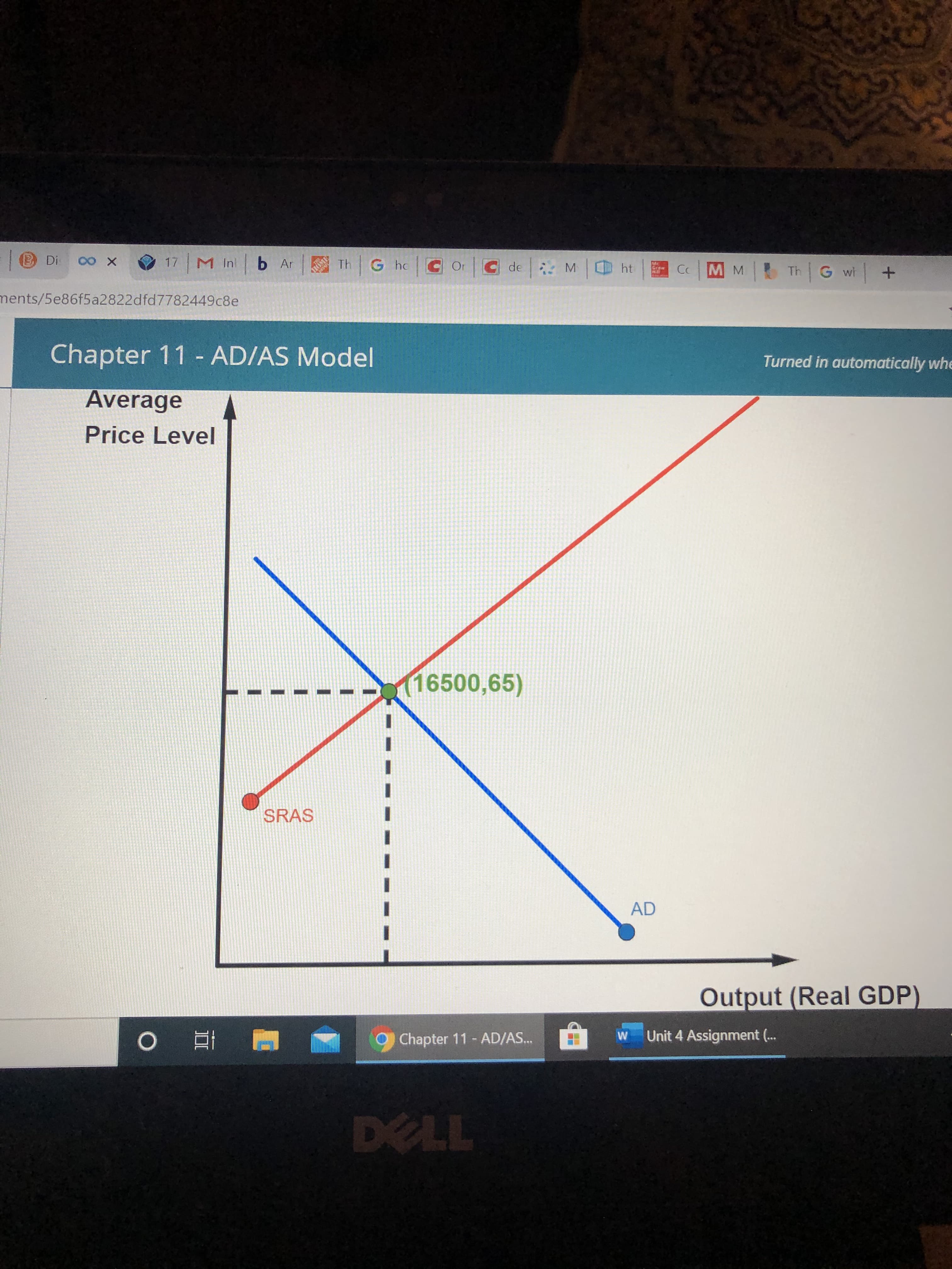 B Di 0o X
17 M In b Ar
G ho
Th
Or C de
ht
CoMM
Th G wi
Grew
ments/5e86f5a2822dfd7782449c8e
Chapter 11 - AD/AS Model
Turned in automatically whe
Average
Price Level
(16500,65)
SRAS
AD
Output (Real GDP)
Chapter 11 - AD/AS..
Unit 4 Assignment (.
DELL
