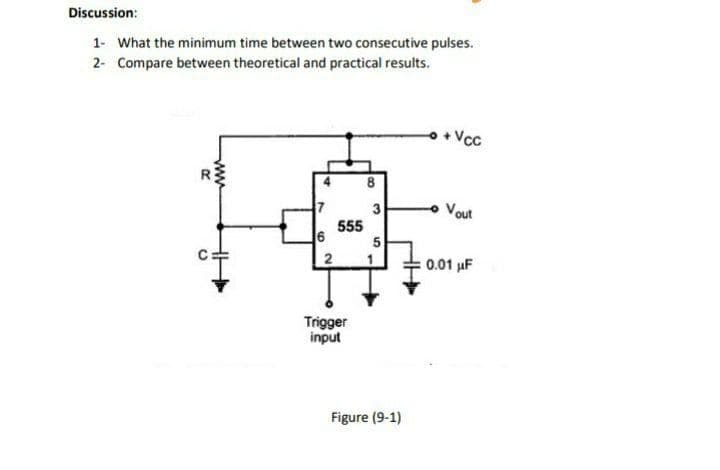 Discussion:
1- What the minimum time between two consecutive pulses.
2- Compare between theoretical and practical results.
o+ Vcc
3
Vout
555
5
:0.01 uF
Trigger
input
Figure (9-1)
8.
