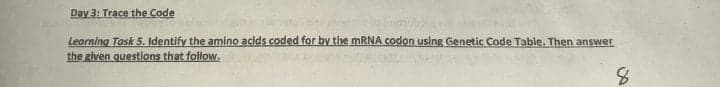 Day 3: Trace the Code
Learning Task 5. Identify the amino acids coded for by the MRNA codon using Genetic Code Table. Then answer
the given questions that follow.
8
