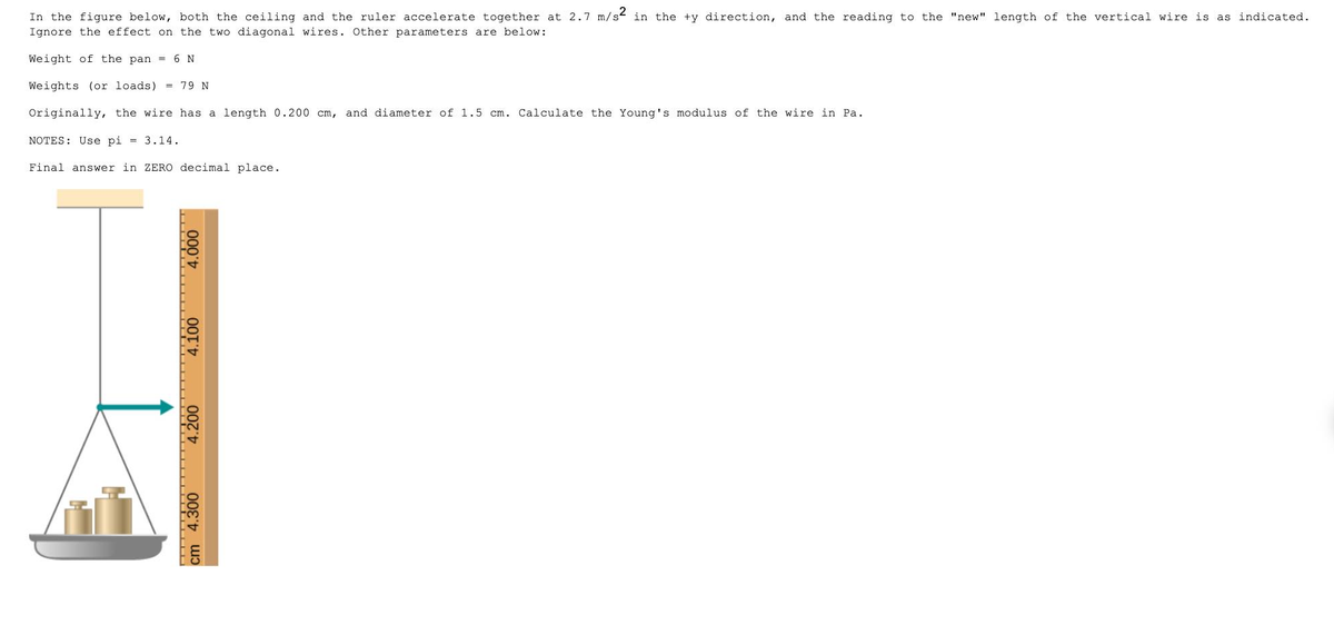 In the figure below, both the ceiling and the ruler accelerate together at 2.7 m/s² in the +y direction, and the reading to the "new" length of the vertical wire is as indicated.
Ignore the effect on the two diagonal wires. Other parameters are below:
Weight of the pan = 6 N
Weights (or loads) = 79 N
Originally, the wire has a length 0.200 cm, and diameter of 1.5 cm. Calculate the Young's modulus of the wire in Pa.
NOTES: Use pi = 3.14.
Final answer in ZERO decimal place.
4.000
4.100
4.200
4.300
cm