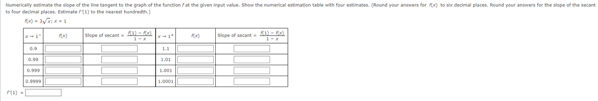 Numerically estimate the slope of the line tangent to the graph of the function f at the given input value. Show the numerical estimation table with four estimates. (Round your answers for f(x) to six decimal places. Round your answers for the slope of the secant
to four decimal places. Estimate f'(1) to the nearest hundredth.)
f(x) = 3√√√x; x = 1
f'(1) =
x → 1-
0.9
0.99
0.999
0.9999
f(x)
Slope of secant =
f(1) = f(x)
1- x
x → 1¹
1.1
1.01
1.001
1.0001
f(x)
Slope of secant =
f(1) = f(x)
1- x