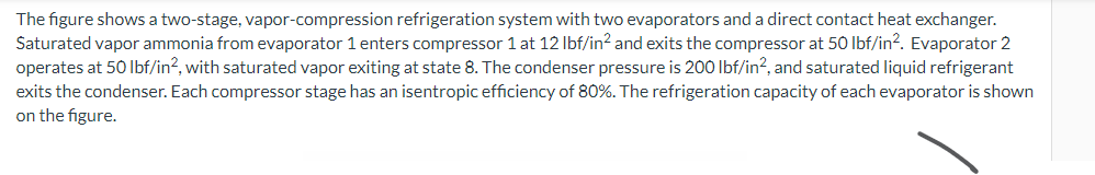 The figure shows a two-stage, vapor-compression refrigeration system with two evaporators and a direct contact heat exchanger.
Saturated vapor ammonia from evaporator 1 enters compressor 1 at 12 lbf/in² and exits the compressor at 50 lbf/in². Evaporator 2
operates at 50 lbf/in2, with saturated vapor exiting at state 8. The condenser pressure is 200 lbf/in2, and saturated liquid refrigerant
exits the condenser. Each compressor stage has an isentropic efficiency of 80%. The refrigeration capacity of each evaporator is shown
on the figure.