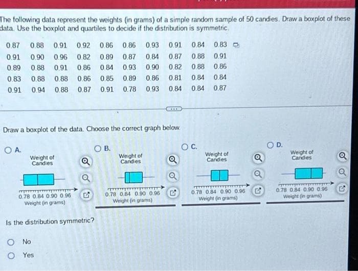 The following data represent the weights (in grams) of a simple random sample of 50 candies. Draw a boxplot of these
data. Use the boxplot and quartiles to decide if the distribution is symmetric.
0.87 0.88 0.91 0.92 0.86 0.86 0.93 0.91 0.84 0.83
0.91 0.90 0.96 0.82 0.89 0.87 0.84 0.87 0.88 0.91
0.89 0.88 0.91 0.86 0.84 0.93 0.90 0.82 0.88 0.86
0.83 0.88 0.88 0.86 0.85 0.89 0.86 0.81 0.84 0.84
0.91 0.94 0.88 0.87 0.91 0.78 0.93 0.84 0.84 0.87
Draw a boxplot of the data. Choose the correct graph below.
О А.
OB.
Weight of
Candies
0.78 0.84 0.90 0.96
Weight (in grams)
Q
Q
5
Is the distribution symmetric?
O No
O Yes
Weight of
Candies
0.78 0.84 0.90 0.96
Weight (in grams)
Q
Q
OC.
Weight of
Candies
******** T!!!!!>>
0.78 0.84 0.90 0.96
Weight (in grams)
Q
Q
G
O D.
Weight of
Candies
गुर
0.78 0.84 0.90 0.96
Weight (in grams)
Q
Q