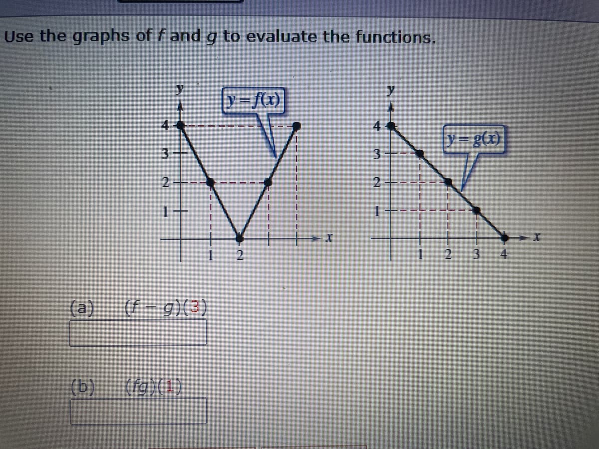 Use the graphs of f and g to evaluate the functions.
y=f(x)
4.
4
y g(1)
事
2.
十乙
+
佳
台
2.
2.
3)
(a)
(f - g)(3)
(b)
(fg)(1)
