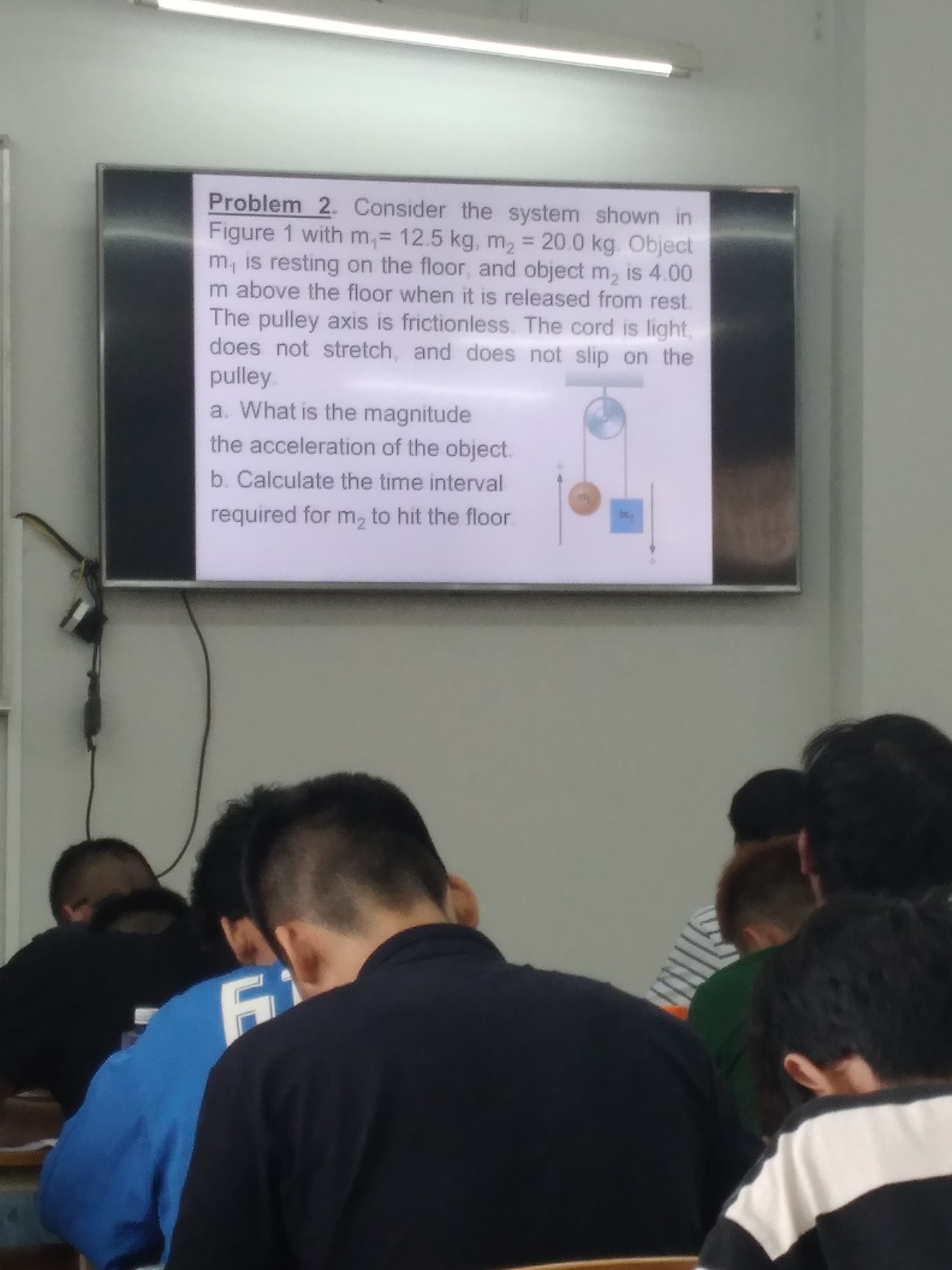 Problem 2. Consider the system shown in
Figure 1 with m,= 12.5 kg, m, = 20.0 kg. Object
m, is resting on the floor, and object m, is 4.00
m above the floor when it is released from rest.
The pulley axis is frictionless. The cord is light
does not stretch, and does not slip on the
pulley
a. What is the magnitude
%3D
%3D
the acceleration of the object.
b. Calculate the time interval
required for m, to hit the floor
