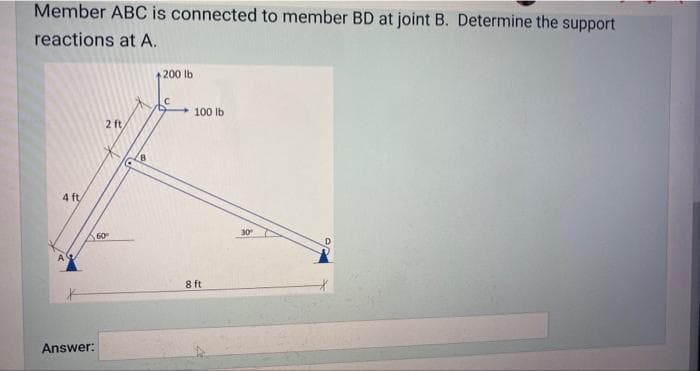 Member ABC is connected to member BD at joint B. Determine the support
reactions at A.
4 ft
Answer:
2 ft
60⁰
O
B
200 lb
100 lb
8 ft
30⁰
D