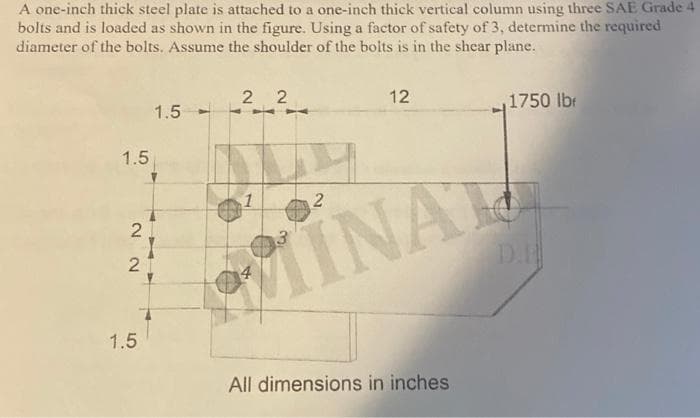 A one-inch thick steel plate is attached to a one-inch thick vertical column using three SAE Grade 4
bolts and is loaded as shown in the figure. Using a factor of safety of 3, determine the required
diameter of the bolts. Assume the shoulder of the bolts is in the shear plane.
2 2
12
1.5-
1750 lbr
1.5
1
2
D.H
MINAL
4
1.5
All dimensions in inches
