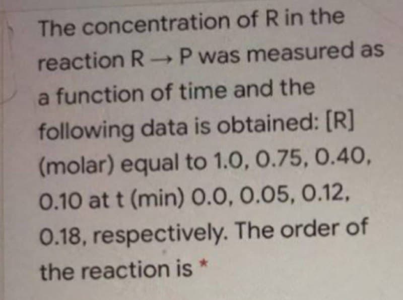 The concentration of R in the
reaction R-P was measured as
a function of time and the
following data is obtained: [R]
(molar) equal to 1.0, 0.75, 0.40,
0.10 at t (min) 0.0, 0.05, 0.12,
0.18, respectively. The order of
the reaction is
