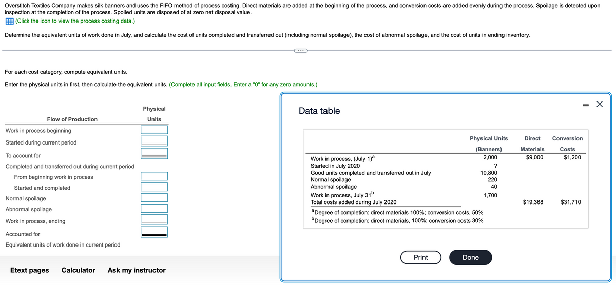 Overstitch Textiles Company makes silk banners and uses the FIFO method of process costing. Direct materials are added at the beginning of the process, and conversion costs are added evenly during the process. Spoilage is detected upon
inspection at the completion of the process. Spoiled units are disposed of at zero net disposal value.
(Click the icon to view the process costing data.)
Determine the equivalent units of work done in July, and calculate the cost of units completed and transferred out (including normal spoilage), the cost of abnormal spoilage, and the cost of units in ending inventory.
For each cost category, compute equivalent units.
Enter the physical units in first, then calculate the equivalent units. (Complete all input fields. Enter a "0" for any zero amounts.)
Physical
Data table
Flow of Production
Units
Work in process beginning
Physical Units
Direct
Conversion
Started during current period
(Banners)
Materials
Costs
To account for
2,000
$9,000
$1,200
Work in process, (July 1)a
Started in July 2020
Good units completed and transferred out in July
Normal spoilage
Abnormal spoilage
Completed and transferred out during current period
?
10,800
From beginning work in process
220
Started and completed
40
Work in process, July 31°
Total costs added during July 2020
1,700
Normal spoilage
$19,368
$31,710
Abnormal spoilage
aDegree of completion: direct materials 100%; conversion costs, 50%
'Degree of completion: direct materials, 100%; conversion costs 30%
Work in process, ending
Accounted for
Equivalent units of work done in current period
Print
Done
Etext pages
Calculator
Ask my instructor

