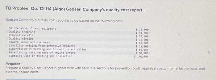 TB Problem Qu. 12-114 (Algo) Gadsen Company's quality cost report ...
Gadsen Company's quality cost report is to be based on the following data:
Maintenance of test equipment
Quality training
Product recalls
Quality circles
Rework labor and overhead
Liability arising from defective products
Supervision of testing and inspection activities
Re-entering data because of keying errors
Supplies used in testing and inspection
$ 25,000
$ 94,000
$ 58,000
$ 32,000
$ 49,000
$ 13,000
$ 86,000
$ 60,000
$ 100,000
Required:
Prepare a Quality Cost Report in good form with separate sections for prevention costs, appraisal costs, internal failure costs, and
external failure costs.