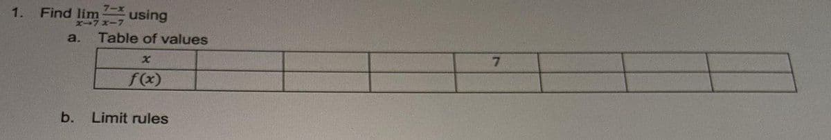 1.
Find lim using
X7x-7
a.
Table of values
7.
f(x)
b.
Limit rules
