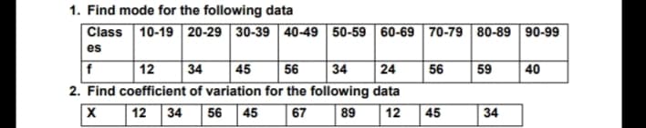 1. Find mode for the following data
Class 10-19 20-29 30-39 40-49 50-59 60-69 70-79 80-89 90-99
es
12
34
45
56
34
24
56
59
40
2. Find coefficient of variation for the following data
12
34
56
45
67
89
12
|45
34
