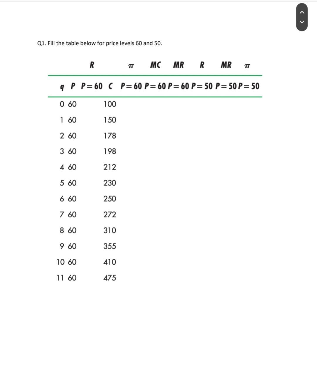 Q1. Fill the table below for price levels 60 and 50.
3 60
4 60
q P P=60 C P = 60 P = 60 P=60 P = 50 P = 50 P = 50
0 60
100
1 60
150
2 60
178
198
212
230
250
5 60
R
6 60
7 60
8 60
9 60
10 60
11 60
TT MC
272
310
355
410
475
MR R MR